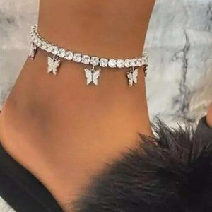 Silver Rhinestone Butterfly Charm Anklet